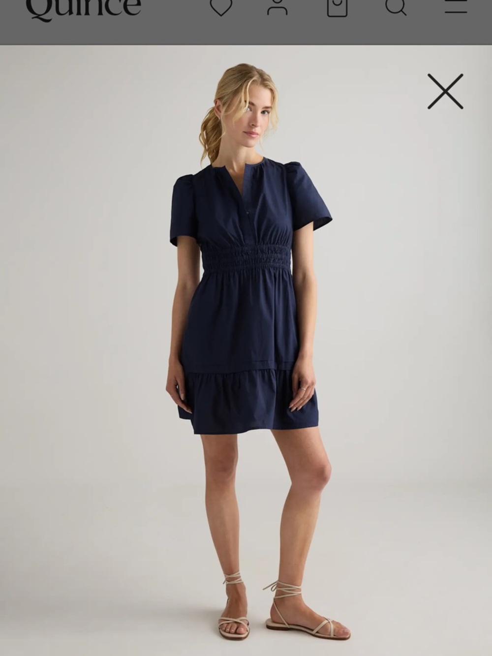 Quince Navy Short-Sleeve Smocked-Waist Mini Dress